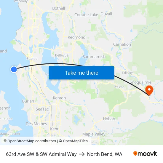 63rd Ave SW & SW Admiral Way to North Bend, WA map