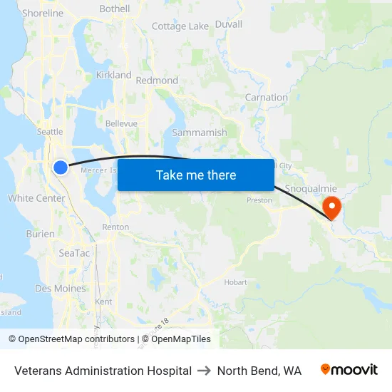 Veterans Administration Hospital to North Bend, WA map