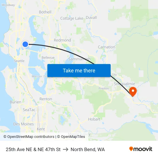 25th Ave NE & NE 47th St to North Bend, WA map