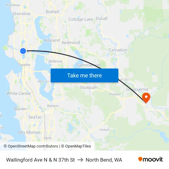 Wallingford Ave N & N 37th St to North Bend, WA map