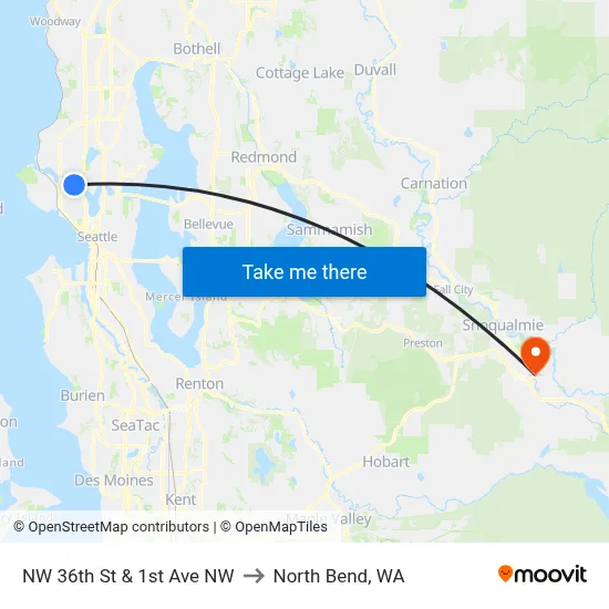 NW 36th St & 1st Ave NW to North Bend, WA map