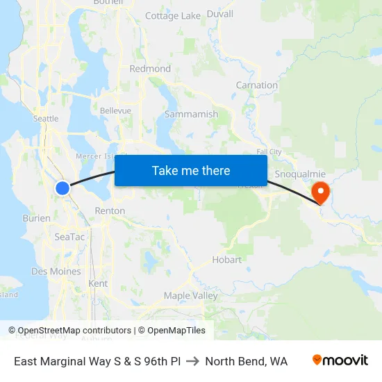 East Marginal Way S & S 96th Pl to North Bend, WA map