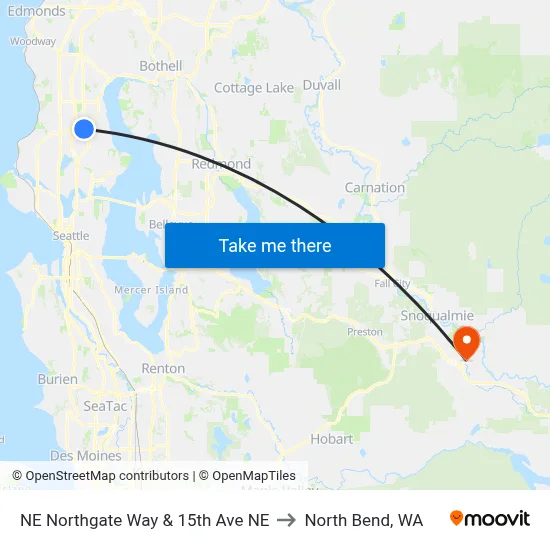 NE Northgate Way & 15th Ave NE to North Bend, WA map