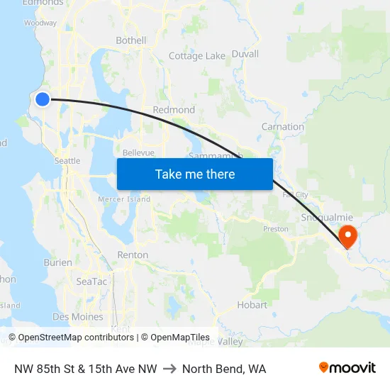 NW 85th St & 15th Ave NW to North Bend, WA map