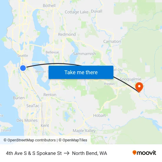 4th Ave S & S Spokane St to North Bend, WA map