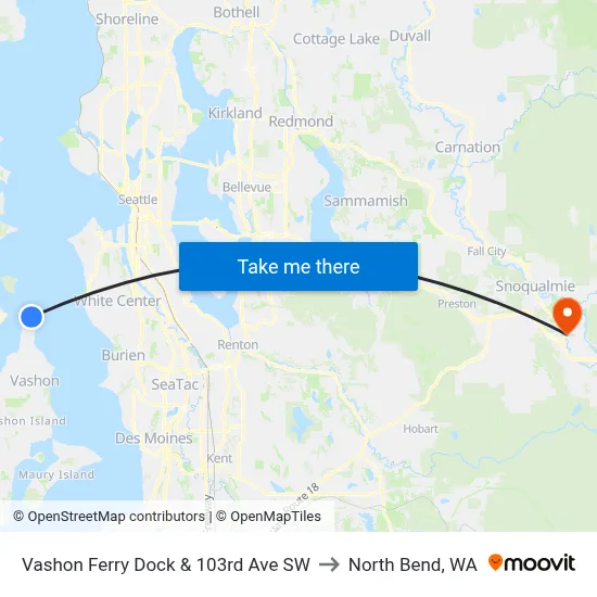 Vashon Ferry Dock & 103rd Ave SW to North Bend, WA map