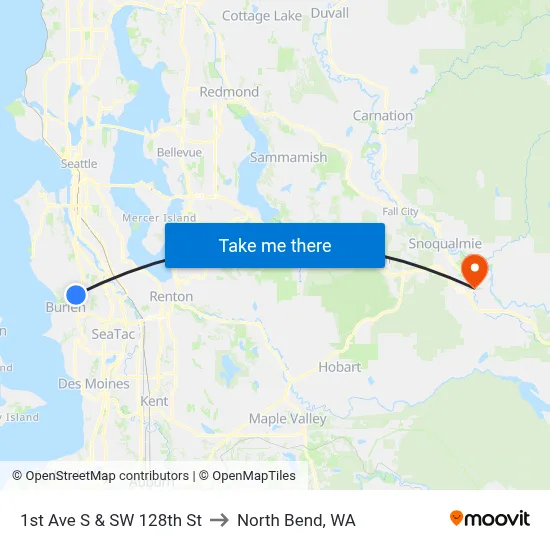 1st Ave S & SW 128th St to North Bend, WA map