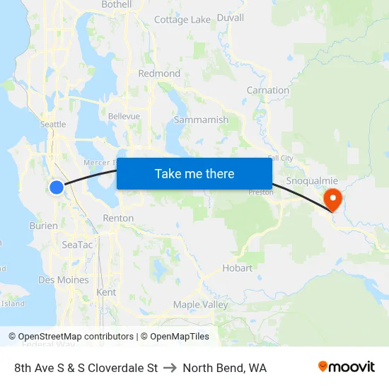 8th Ave S & S Cloverdale St to North Bend, WA map