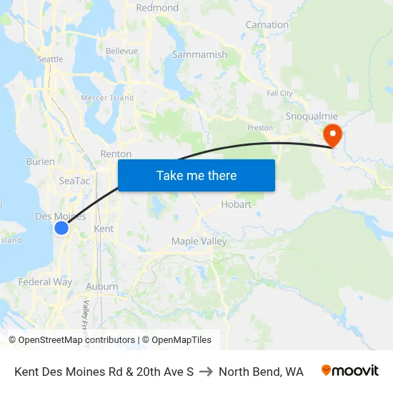 Kent Des Moines Rd & 20th Ave S to North Bend, WA map