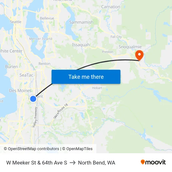 W Meeker St & 64th Ave S to North Bend, WA map