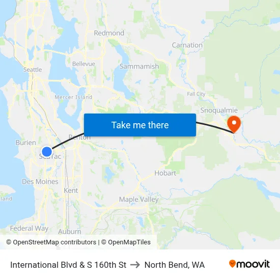 International Blvd & S 160th St to North Bend, WA map