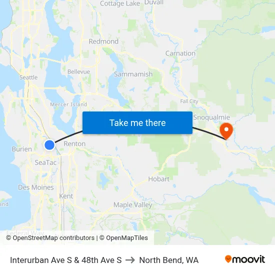 Interurban Ave S & 48th Ave S to North Bend, WA map