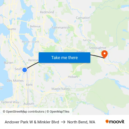 Andover Park W & Minkler Blvd to North Bend, WA map