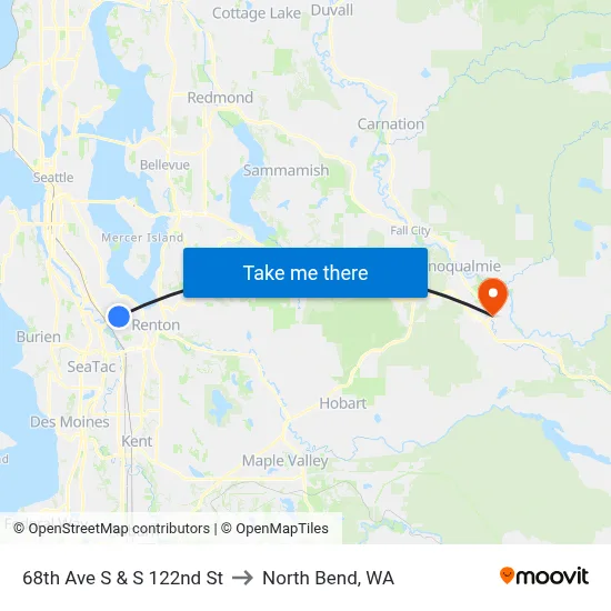 68th Ave S & S 122nd St to North Bend, WA map