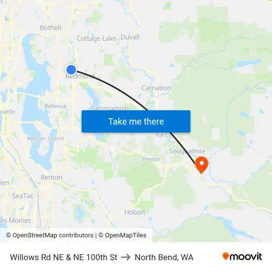 Willows Rd NE & NE 100th St to North Bend, WA map