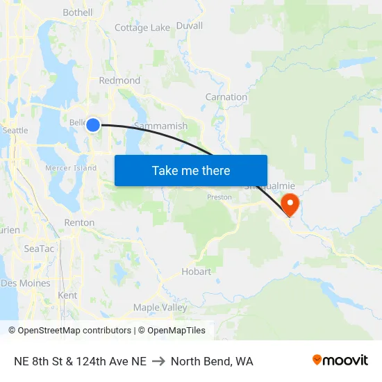 NE 8th St & 124th Ave NE to North Bend, WA map