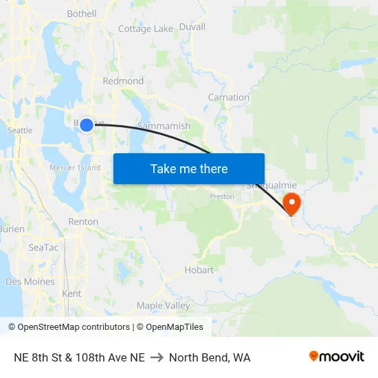 NE 8th St & 108th Ave NE to North Bend, WA map