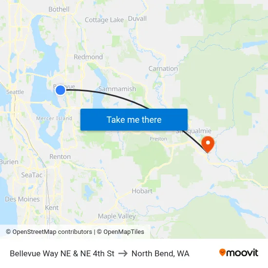 Bellevue Way NE & NE 4th St to North Bend, WA map