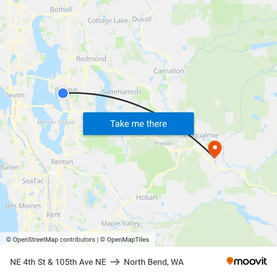 NE 4th St & 105th Ave NE to North Bend, WA map