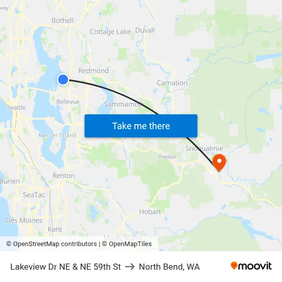 Lakeview Dr NE & NE 59th St to North Bend, WA map