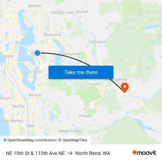 NE 10th St & 110th Ave NE to North Bend, WA map