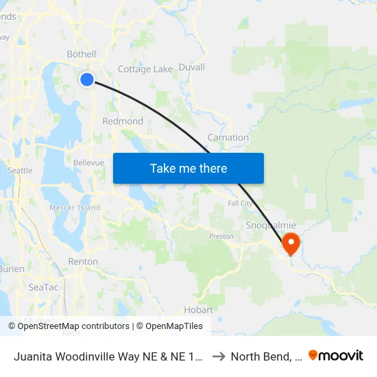 Juanita Woodinville Way NE & NE 145th St to North Bend, WA map