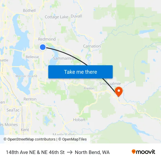 148th Ave NE & NE 46th St to North Bend, WA map