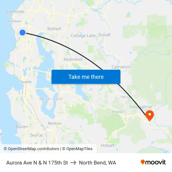Aurora Ave N & N 175th St to North Bend, WA map