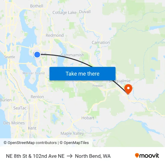NE 8th St & 102nd Ave NE to North Bend, WA map