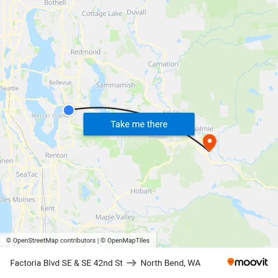 Factoria Blvd SE & SE 42nd St to North Bend, WA map