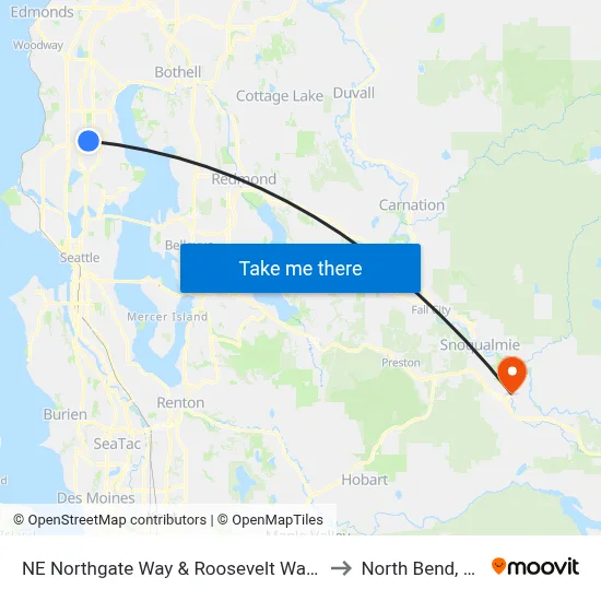 NE Northgate Way & Roosevelt Way NE to North Bend, WA map