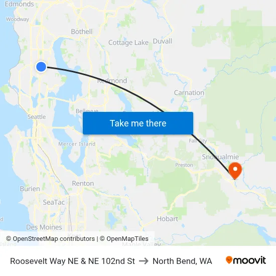 Roosevelt Way NE & NE 102nd St to North Bend, WA map