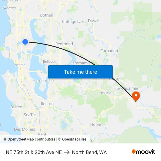 NE 75th St & 20th Ave NE to North Bend, WA map
