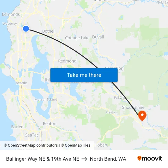 Ballinger Way NE & 19th Ave NE to North Bend, WA map
