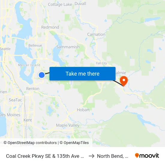 Coal Creek Pkwy SE & 135th Ave SE to North Bend, WA map