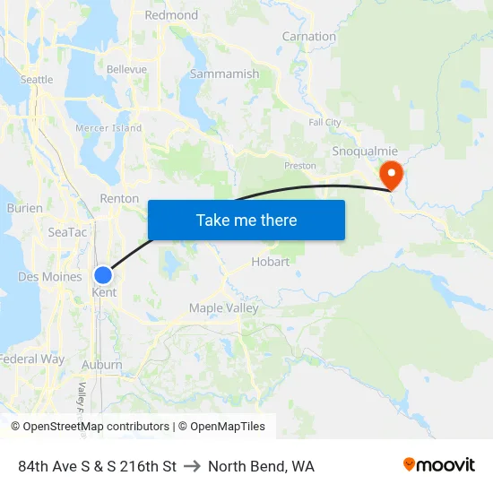 84th Ave S & S 216th St to North Bend, WA map