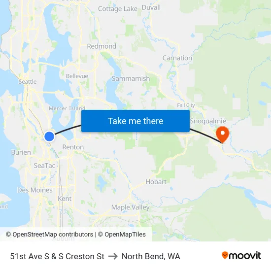 51st Ave S & S Creston St to North Bend, WA map