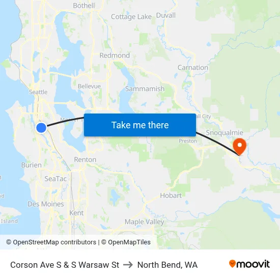 Corson Ave S & S Warsaw St to North Bend, WA map