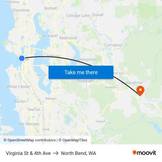 Virginia St & 4th Ave to North Bend, WA map