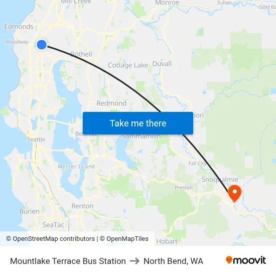Mountlake Terrace Bus Station to North Bend, WA map