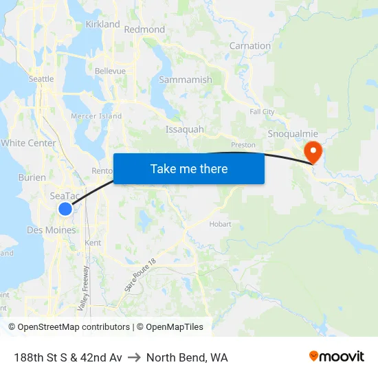 188th St S & 42nd Av to North Bend, WA map