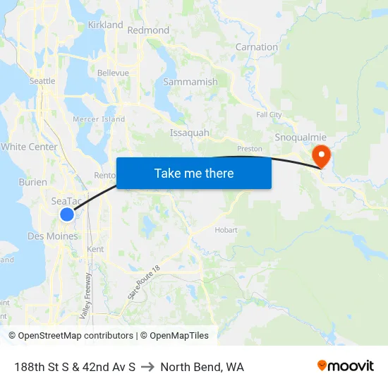 188th St S & 42nd Av S to North Bend, WA map