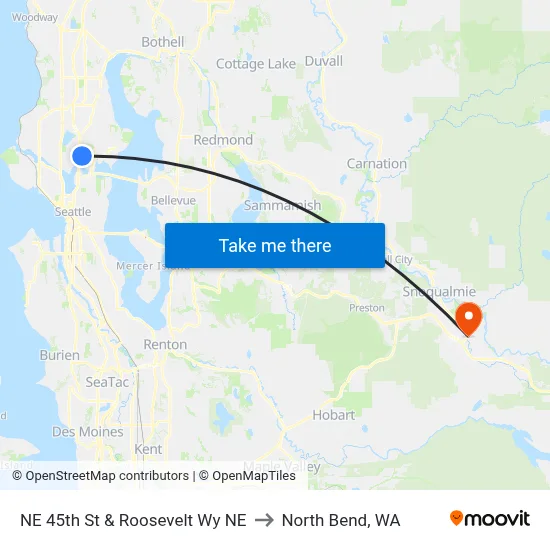 NE 45th St & Roosevelt Wy NE to North Bend, WA map