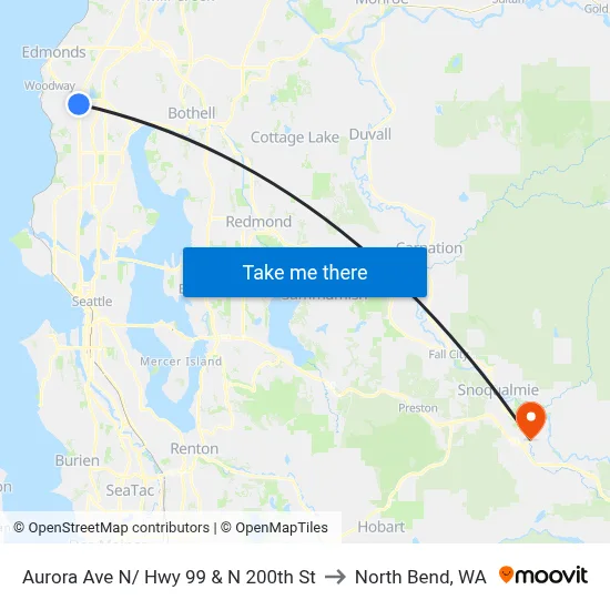 Aurora Ave N/ Hwy 99 & N 200th St to North Bend, WA map