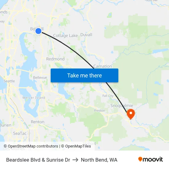 Beardslee Blvd & Sunrise Dr to North Bend, WA map