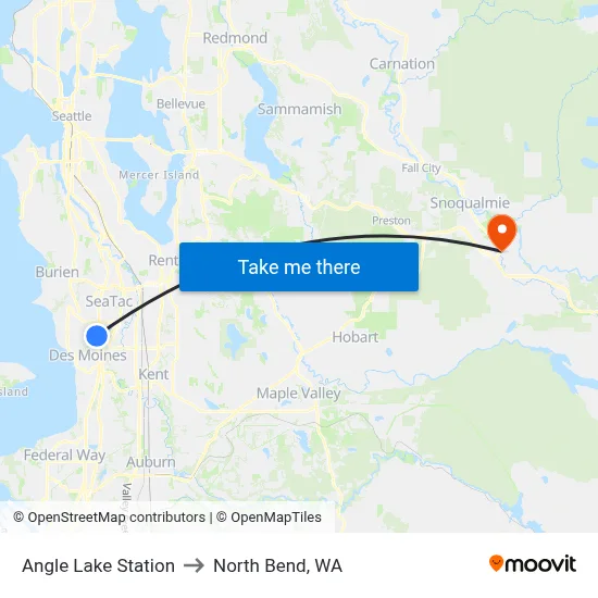 Angle Lake Station to North Bend, WA map