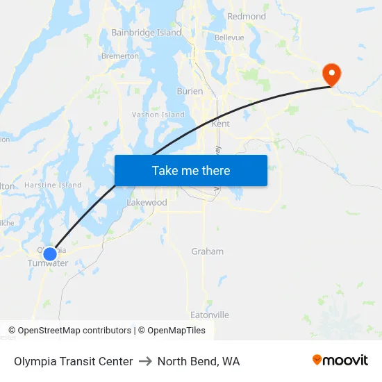 Olympia Transit Center to North Bend, WA map