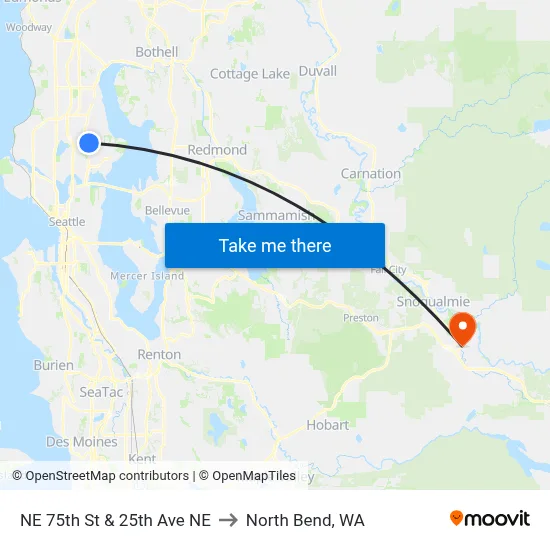 NE 75th St & 25th Ave NE to North Bend, WA map