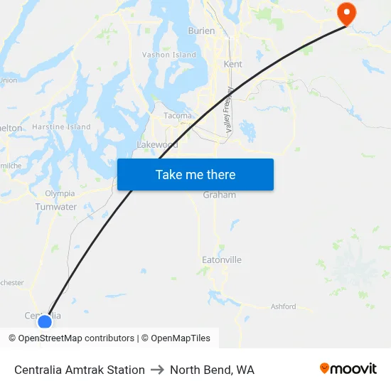 Centralia Amtrak Station to North Bend, WA map