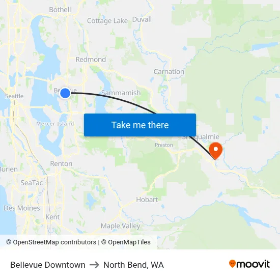 Bellevue Downtown to North Bend, WA map
